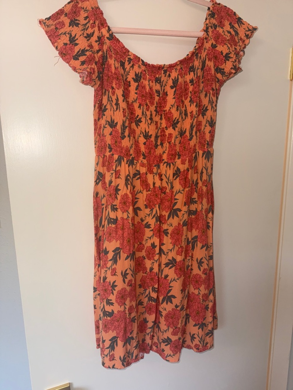 Rewind Coral and Blue Floral Smocked Top